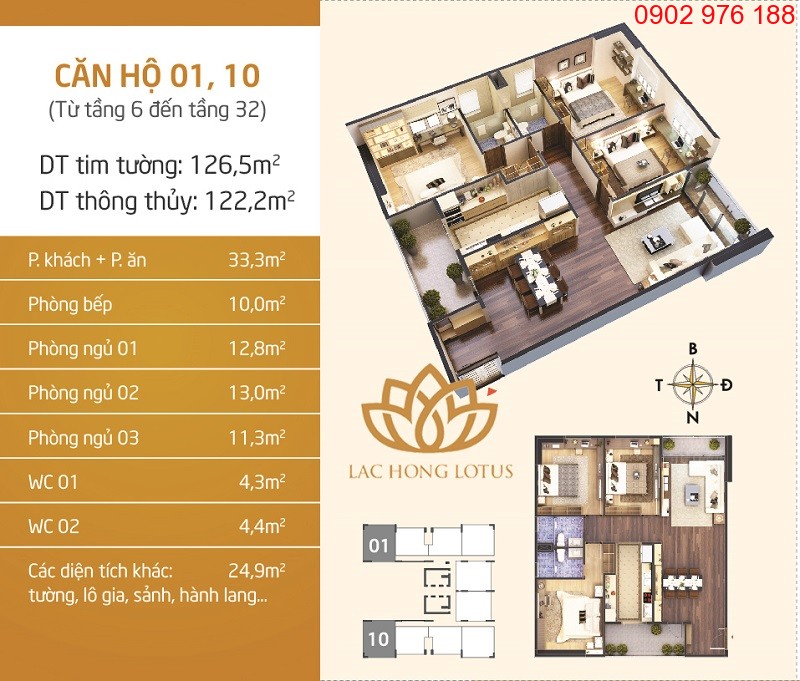 Căn hộ thiết kế 3 phòng ngủ các căn 01-10 có diện tích 122m2