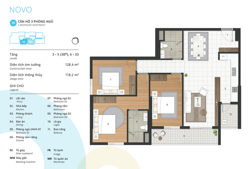 Thiết kế chi tiết căn hộ 3 phòng ngủ căn 3B dự án kosmo tây hồ