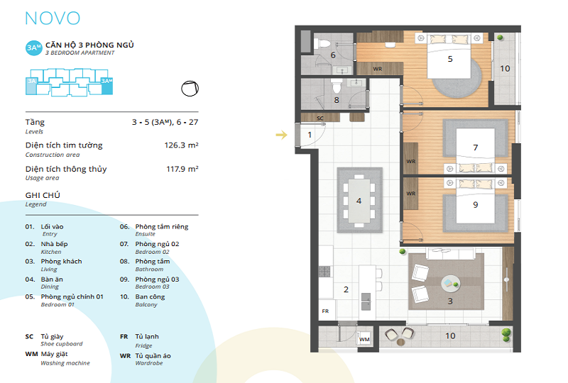 Thiết kế chi tiết căn hộ 3 phòng ngủ dự án chung cư kosmo