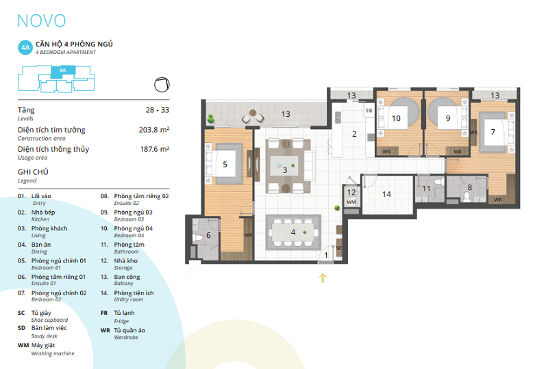 Thiết kế chi tiết căn hộ 4 phòng ngủ chung cư kosmo