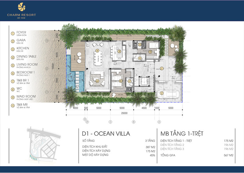 Thiết kế tầng 1 Biệt thự Ocean Villa Charm Hồ Tràm