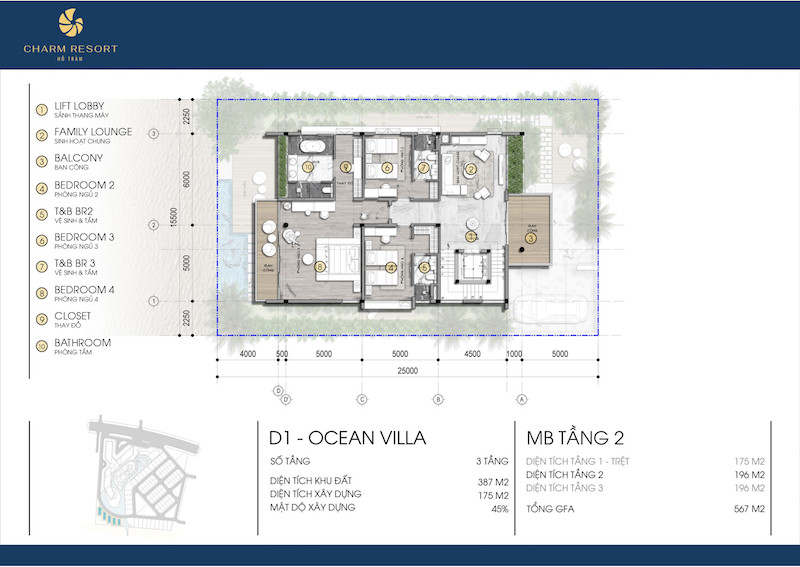 Thiết kế tầng 2 Biệt thự Ocean Villa Charm Hồ Tràm